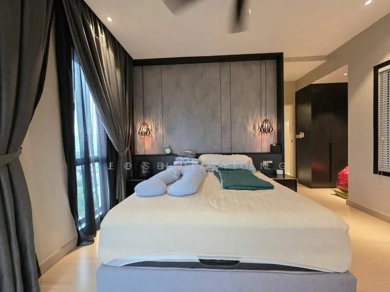 Bedroom features: king-size bed with light-colored bedding, upholstered headboard, two bedside lamps with pendant lighting, floor-to-ceiling windows with sheer curtains, grey accent wall, light wood flooring, ceiling fan, built-in wardrobe, decorative wall paneling, decorative throw pillows; style: modern; view: city.