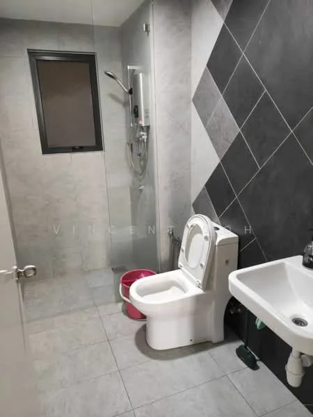 Bathroom features: grey ceramic tile flooring, white wall-mounted toilet, glass shower enclosure, rain shower head, chrome handheld shower, white sink with chrome faucet, grey tiled walls, window for natural light; style: modern.