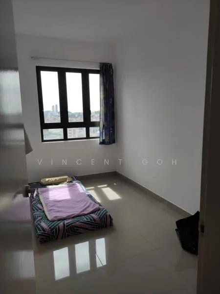 Bedroom features: white painted walls, grey tiled flooring, floor-to-ceiling windows, blackout curtains, single mattress on floor, decorative bedspread, city view, light from window; view: city.