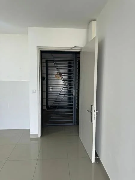 Room features: white painted walls, glossy tile flooring, single white door, metal security door with horizontal slats, light source from ceiling; style: modern.
