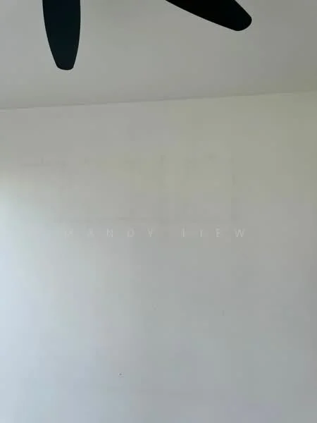 Room features: white painted walls, ceiling fan.