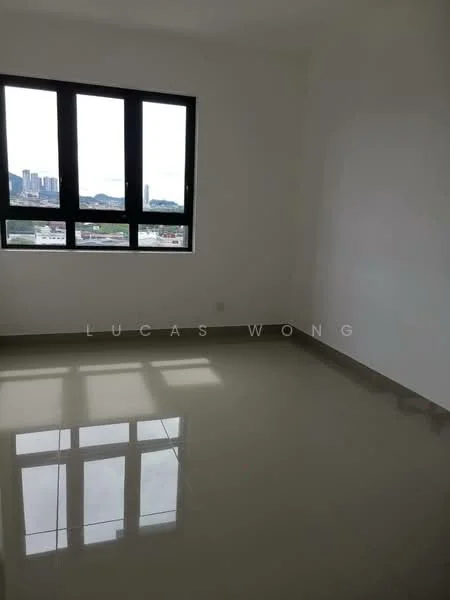Room features: white painted walls, glossy ceramic tile flooring, floor-to-ceiling windows, city skyline view; view: city.