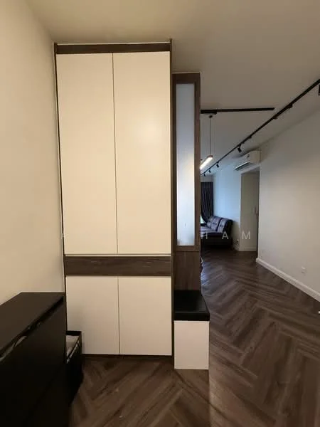 Room features: white cabinetry, dark wood accents, built-in storage unit, laminate flooring, neutral wall color, recessed lighting, corner seating area, open layout; style: modern.