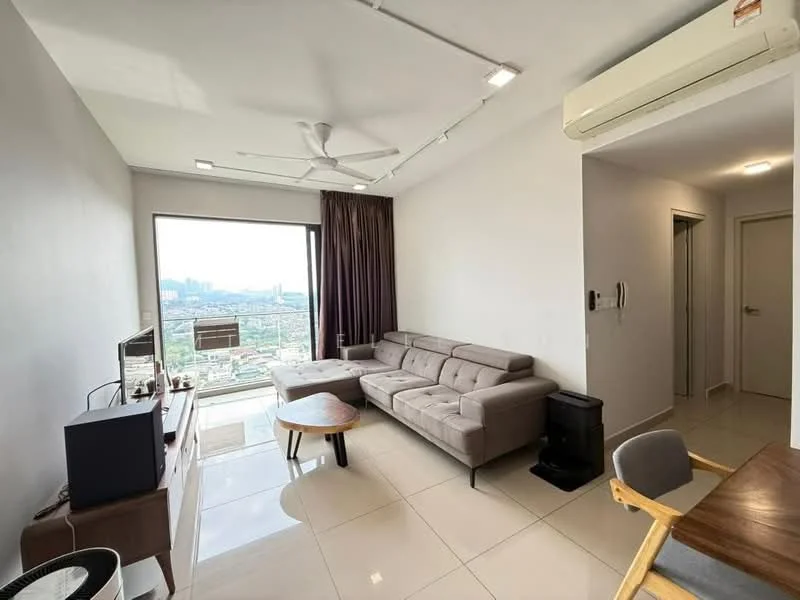 Living features: 3-seater fabric sofa in grey, coffee table, wall-mounted TV, TV console, floor-to-ceiling windows, curtains, recessed downlights, ceiling fan, wall-mounted split AC, glossy tile flooring, decorative wall, city view; style: modern; view: city. Room features: doorway leading to hallway, light switch, neutral painted walls, door to bathroom.