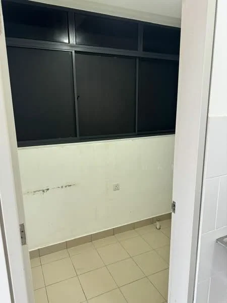 Room features: white walls with stains, grey framed windows, tiled flooring in light beige, single electrical outlet, no visible furniture or decor.