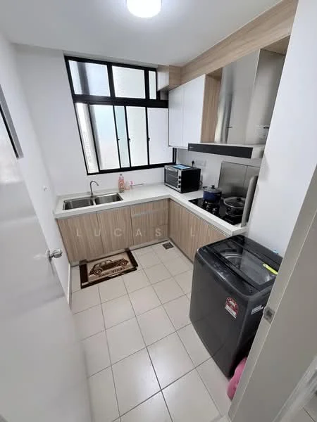 Kitchen features: single-bowl stainless-steel sink, chrome pull-down faucet, white laminate countertop, wood cabinetry, built-in microwave, freestanding washing machine, ceramic tile flooring, floor-to-ceiling windows, kitchen appliances visible, black kitchen cabinet, decorative rug; style: modern.