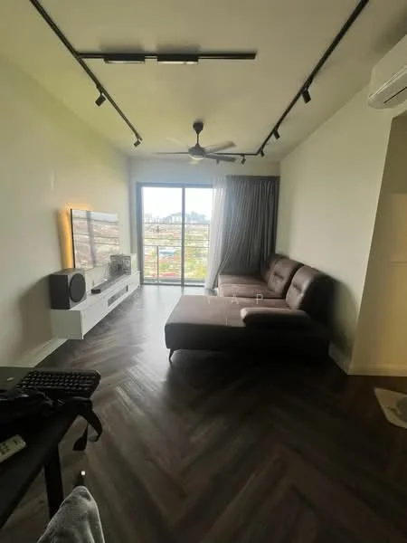 Living features: L-shape sectional sofa in brown, coffee table, TV console, wall-mounted TV, 5-blade ceiling fan with light, floor-to-ceiling sliding glass door, curtains, laminate flooring in herringbone pattern, decorative wall with TV, air conditioning unit; style: modern; view: city.