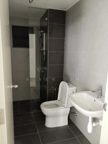 Bathroom features: grey tiled walls, dark grey floor tiles, walk-in shower with glass enclosure, rain shower head, handheld shower, single-sink vanity with wall-mounted faucet, one-piece toilet, small window for natural light, mirror above sink, chrome towel rail; style: modern.
