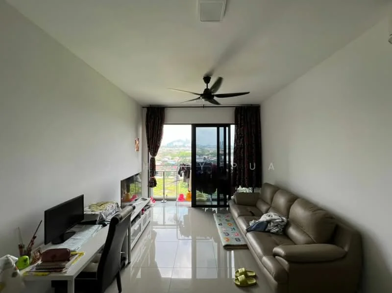 Living features: 3-seater leather sofa in beige, coffee table, TV console, wall-mounted TV, area rug, floor-to-ceiling windows, sliding glass door, curtains with floral pattern, ceiling fan, glossy tile flooring, decorative wall art; style: modern; view: city.