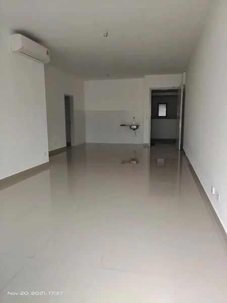 Room features: white painted walls, glossy ceramic tile flooring, 1 wall-mounted split AC, single-bowl stainless-steel sink, doorway leading to another room, large window for natural light, neutral color scheme, minimalist decor; style: modern.