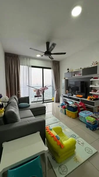 Living features: 3-seater fabric sofa in grey, ceiling fan, floor-to-ceiling windows, curtains, TV console, wall-mounted TV, area rug with geometric pattern, decorative toys, coffee table, colorful storage bins; style: modern; view: city.