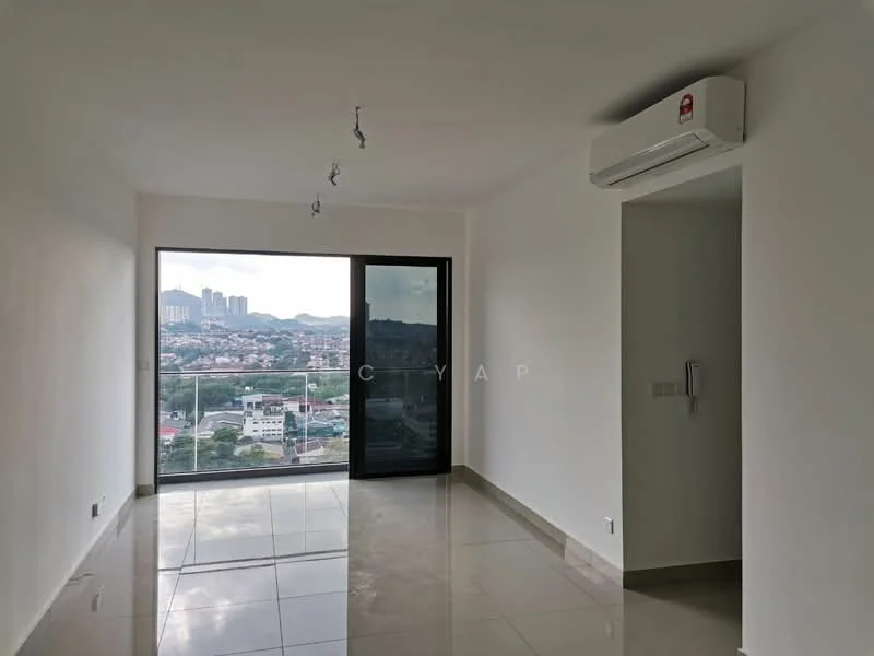 Living features: white painted walls, polished floor tiles, floor-to-ceiling windows, sliding glass door, 1 wall-mounted split AC, recessed downlights, city view; style: modern; view: city.