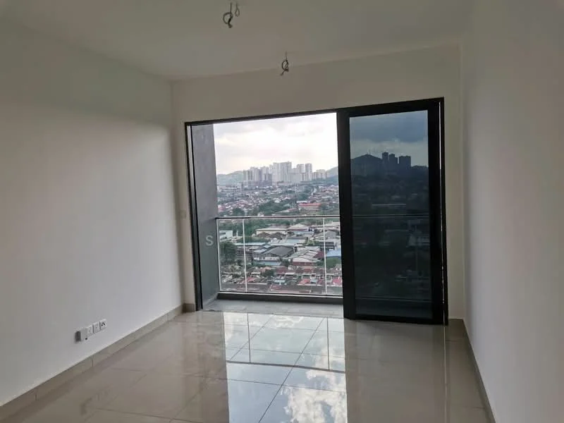 Room features: white painted walls, glossy ceramic tile flooring, floor-to-ceiling sliding glass door, city skyline view, recessed ceiling lights; style: modern; view: city.