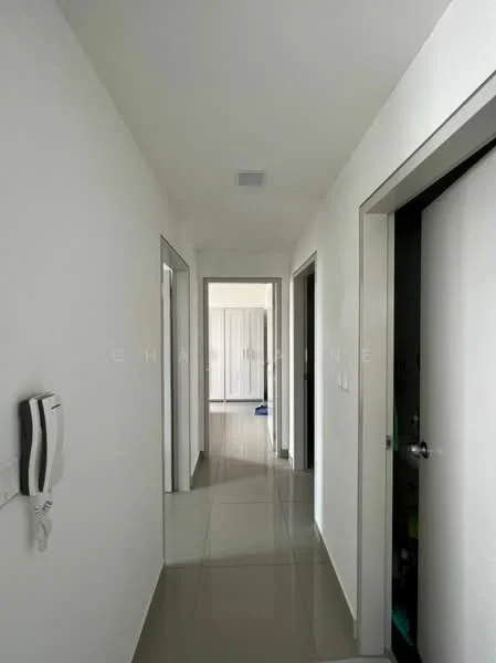 Hallway features: white painted walls, glossy tile flooring, recessed ceiling lights, multiple doorways, intercom system, neutral color scheme; style: modern.