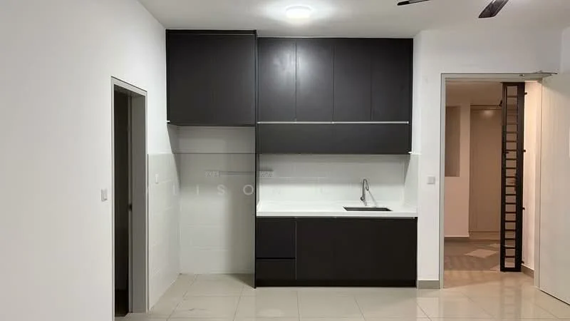 Kitchen features: black cabinetry, white countertop, single-bowl stainless-steel sink, chrome pull-down faucet, tile backsplash, recessed downlights, ceramic tile flooring, wall-mounted cabinets, open shelving, neutral wall colour, doorway to adjacent room; style: modern.