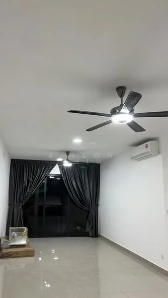 Living features: 5-blade ceiling fan with integrated LED light, recessed LED downlights, floor-to-ceiling windows, blackout curtains, cream painted walls, glossy tile flooring, wall-mounted split AC; style: modern.