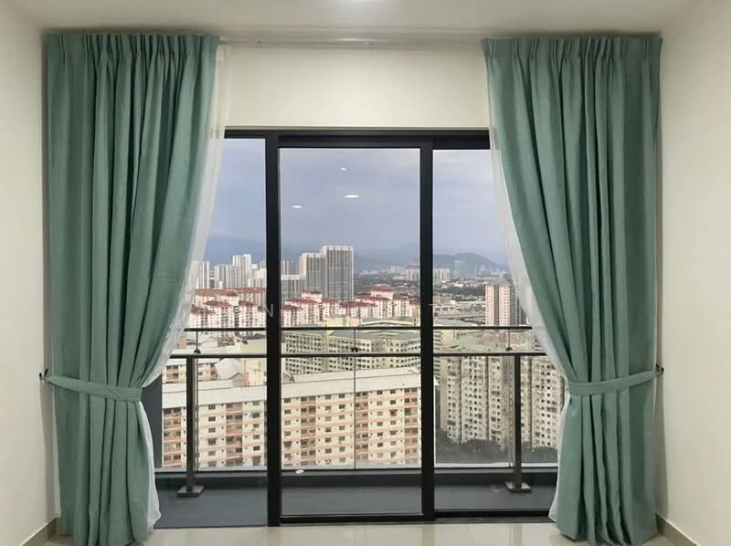 Room features: floor-to-ceiling sliding glass door, curtains in light blue, white painted walls, tile flooring, city skyline view; style: modern; view: city.