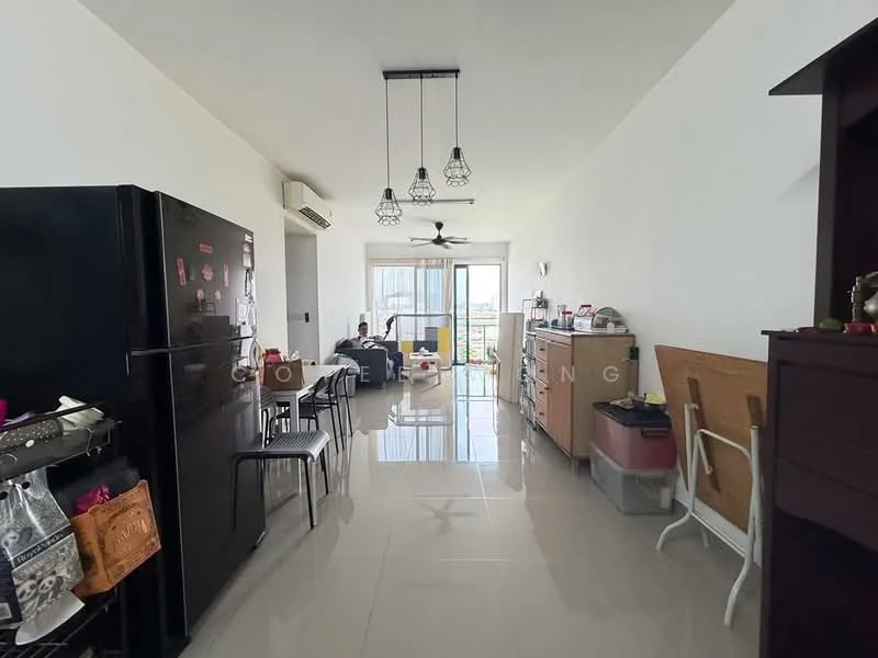 Living features: white painted walls, glossy tile flooring, 5-blade ceiling fan with light, 3 pendant lights, floor-to-ceiling windows, sliding glass door, black refrigerator, stainless-steel kitchen appliances, open shelving, dining table with chairs, TV console, decorative items on shelves; style: modern; view: city.