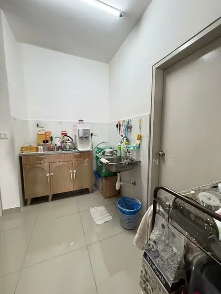 Laundry features: single-bowl stainless-steel sink, chrome pull-down faucet, wood cabinetry with two doors, white tiled walls, grey tiled flooring, washing machine, clothes drying rack, plastic laundry basket, cleaning supplies on wall-mounted hooks; style: modern.