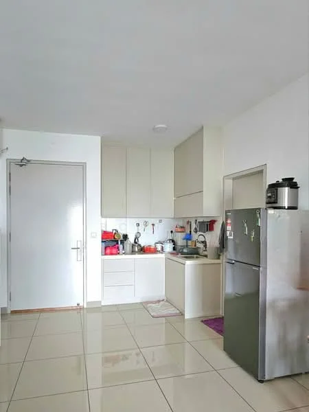 Kitchen features: white cabinetry, stainless-steel fridge, built-in oven, freestanding range oven, single-bowl stainless-steel sink, chrome pull-down faucet, white tiled backsplash, ceramic tile flooring, recessed downlights, countertop with space for appliances, kitchen utensils on countertop, purple mat on floor; style: modern.