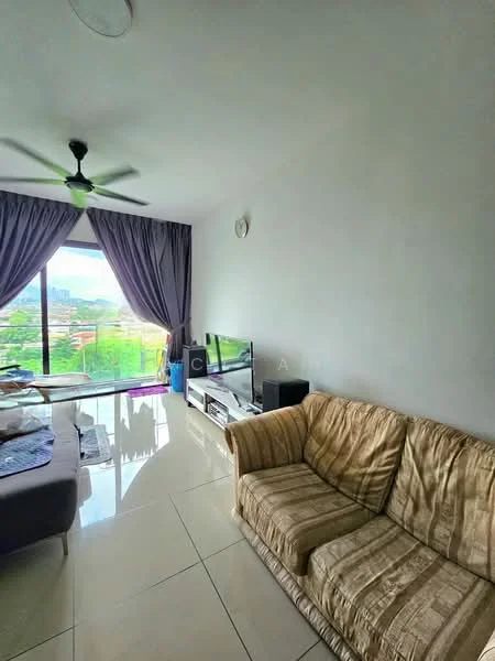 Living features: 3-seater fabric sofa in beige, floor-to-ceiling windows, curtains in grey, TV console, wall-mounted TV, ceiling fan, marble tile flooring, decorative wall clock, greenery view from window, light-colored walls; style: modern; view: garden.