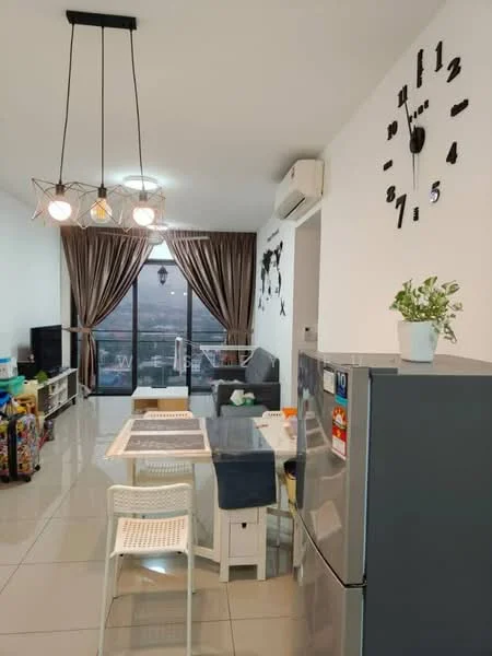Living features: grey tiled flooring, white painted walls, large floor-to-ceiling window with city view, brown curtains, 3-blade ceiling fan, pendant light fixture with multiple bulbs, wall clock, sofa, TV console, dining table with white chairs, refrigerator, decorative plant on table; style: modern; view: city.