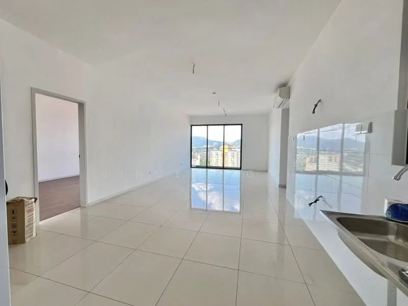 Living features: white painted walls, glossy ceramic tile flooring, floor-to-ceiling windows, mountain view, 1 wall-mounted split AC, recessed downlights, open layout, neutral color scheme; style: modern; view: mountain. Kitchen features: stainless-steel sink, chrome pull-down faucet, white cabinetry, countertop with backsplash, open layout to living area; style: modern.
