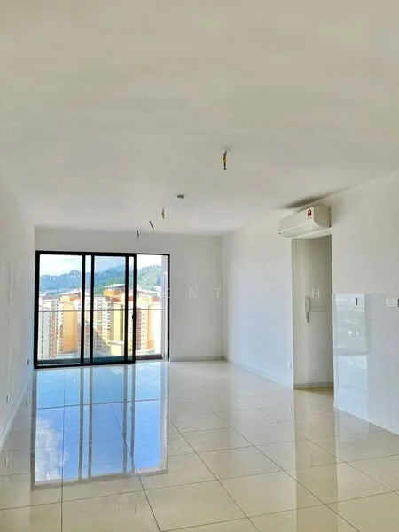 Living features: white painted walls, glossy tile flooring, floor-to-ceiling windows, mountain view, recessed downlights, 1 wall-mounted split AC, open layout, no visible furniture; style: modern; view: mountain.