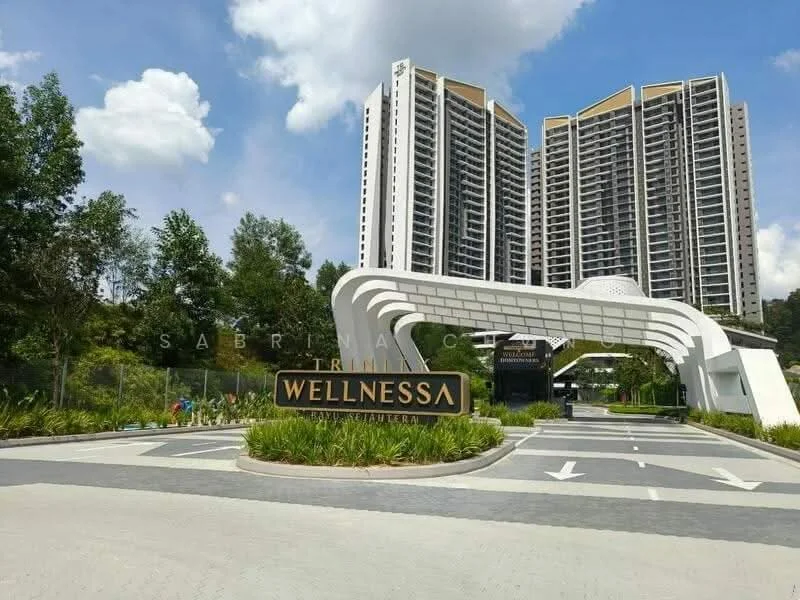 Exterior type: high-rise condominium; features: modern entrance gate, landscaped garden, paved driveway, signage with 'WELLNESSA', surrounding greenery, multiple high-rise buildings, clear blue sky, parking direction signage; style: modern.