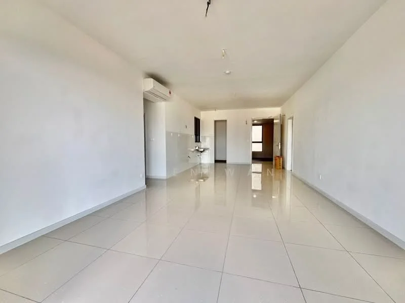Living features: white painted walls, glossy ceramic tile flooring, 1 wall-mounted split AC, recessed downlights, large windows, open layout, neutral color scheme, minimalist decor; style: modern.