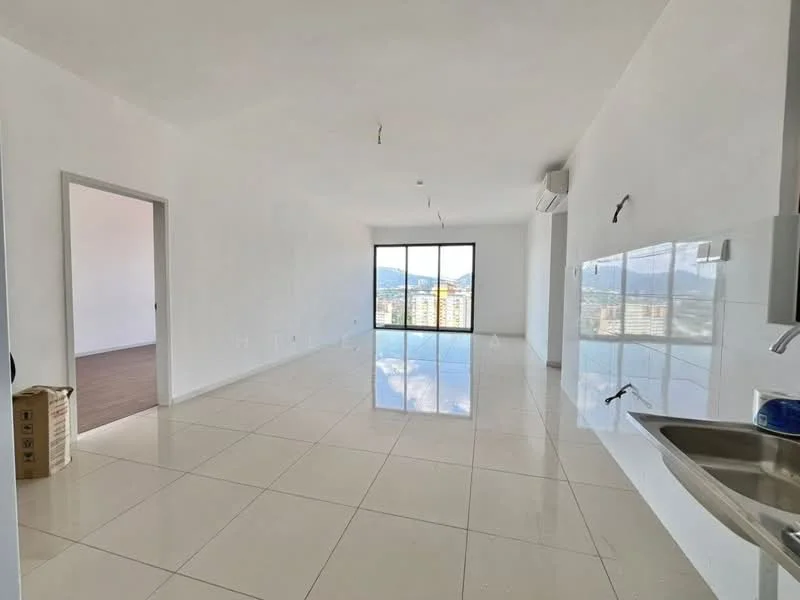 Living features: white painted walls, glossy porcelain tile flooring, floor-to-ceiling windows, mountain view, air conditioning unit, recessed downlights, open layout, kitchenette with stainless-steel sink; style: modern; view: mountain.