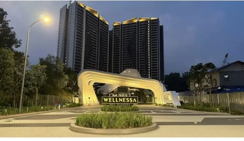 Exterior type: high-rise condominium; features: modern architectural design, illuminated facade, landscaped entrance, manicured greenery, paved driveway, signage with 'WELLNESSA', multiple storeys, surrounding trees, night lighting, urban context; style: modern.