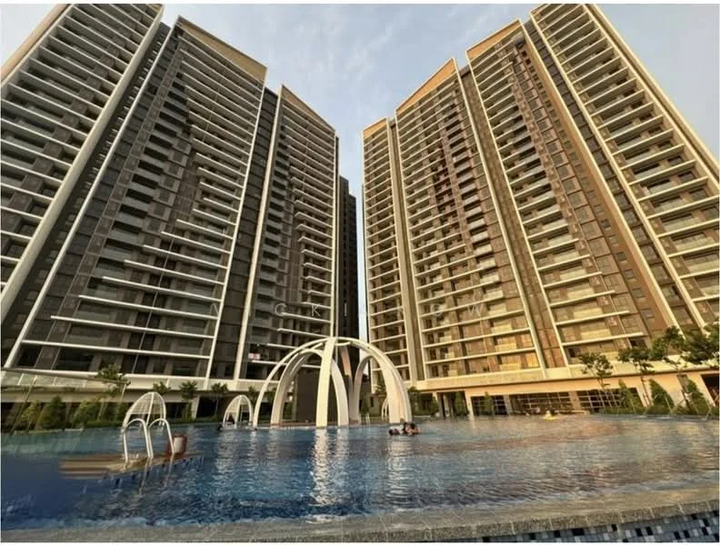 Exterior type: high-rise condominium; features: two high-rise buildings, infinity pool, pool deck with loungers, landscaped garden area, water feature with arches, glass curtain wall facade, balconies on each unit, surrounded by greenery; style: modern.