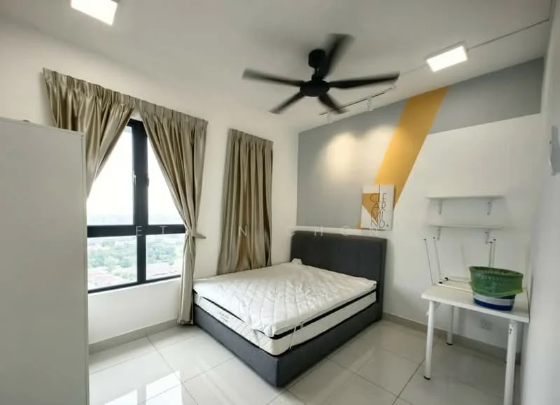 Bedroom features: queen-size bed, upholstered headboard, 2 bedside lamps, floor-to-ceiling window, grey accent wall, white painted walls, curtains in beige, 5-blade ceiling fan, tile flooring, built-in shelving unit, decorative plant in ceramic pot; style: modern; view: city.