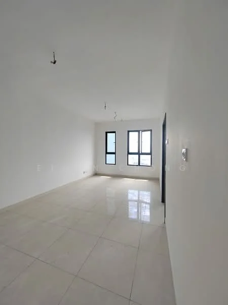 Room features: white painted walls, polished marble flooring, floor-to-ceiling windows, two windows with black frames, ceiling lights, no visible furniture, neutral color scheme; style: modern; view: city.