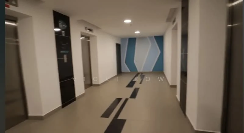 Room features: elevators, grey floor tiles, white painted walls, blue accent wall, modern lighting fixtures, striped floor design, corridor layout; style: modern.