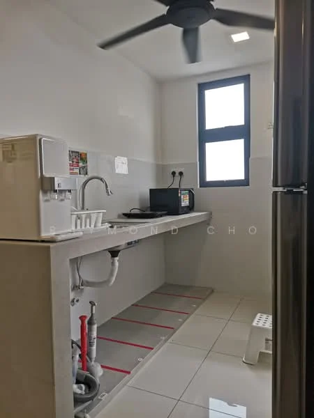 Laundry features: white painted walls, glossy ceramic tile flooring, single-bowl stainless-steel sink, chrome pull-down faucet, countertop with grey surface, built-in cabinetry below countertop, washing machine, ventilation window, ceiling fan, white plastic stool; style: modern.