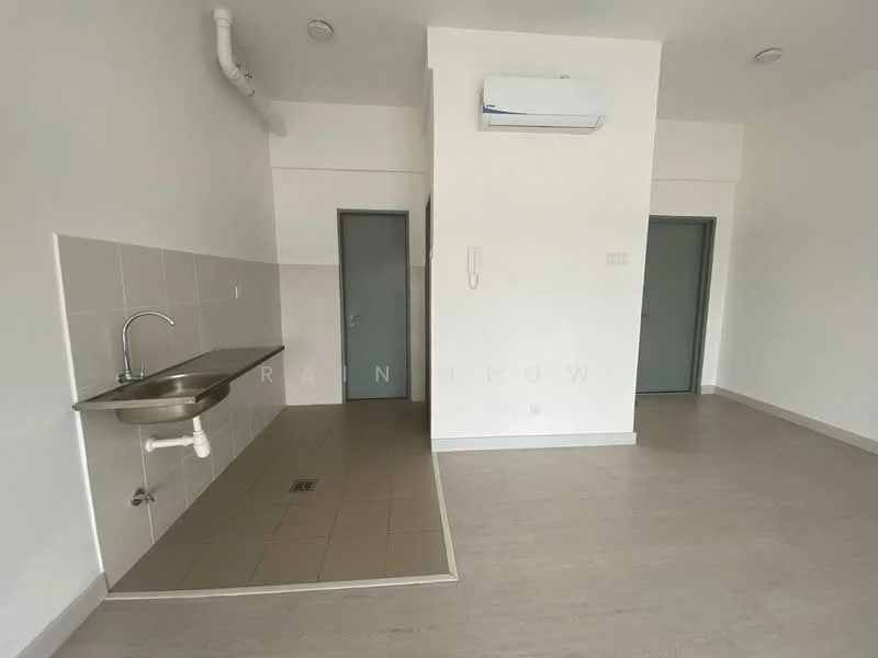 Room features: single-bowl stainless-steel sink, wall-mounted faucet, grey tiled flooring, white painted walls, 1 wall-mounted split AC, door leading to another room, door leading to bathroom, ceiling with recessed lighting; style: modern.