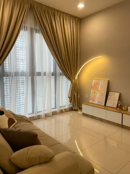 Living features: cream fabric sofa, floor-to-ceiling windows, sheer curtains, light brown wooden console, decorative artwork on console, recessed ceiling lights, polished tile flooring, modern floor lamp with curved design, neutral wall color, decorative items on console; style: modern; view: city.