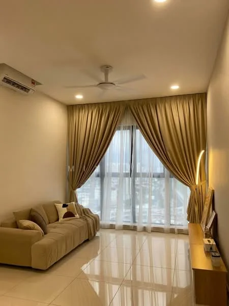 Living features: 3-seater fabric sofa in beige, floor-to-ceiling windows, sheer curtains, dropped ceiling, recessed LED downlights, ceiling fan, light wood console table, glossy tile flooring, decorative wall light; style: modern; view: city.