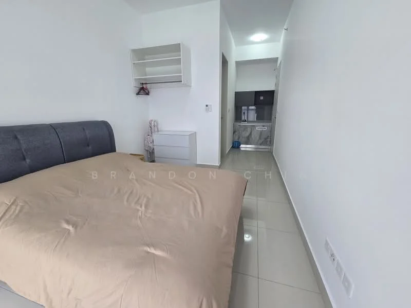 Bedroom features: king-size bed with beige bedding, grey upholstered headboard, white painted walls, glossy tile flooring, built-in wardrobe with open shelving, white dresser, recessed ceiling lights, window with no visible treatment; style: modern.