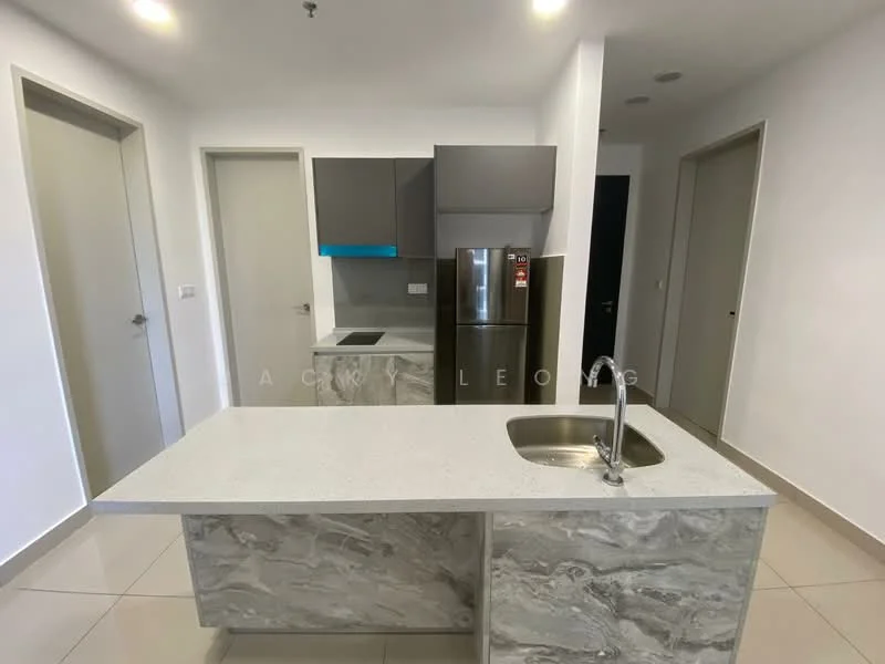 Kitchen features: grey and white speckled countertop, stainless-steel single-bowl sink, chrome pull-down faucet, flat-panel grey cabinets, blue accent cabinetry, built-in refrigerator, ceramic tile flooring, white painted walls, recessed downlights, open layout, island with seating area; style: modern.