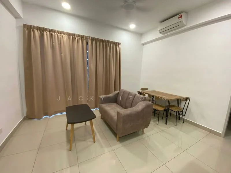 Living features: beige fabric sofa, wooden coffee table, dining table with wooden top, black metal dining chairs, cream painted walls, grey tiled flooring, curtains in light brown, wall-mounted air conditioning unit, recessed ceiling lights; style: modern.