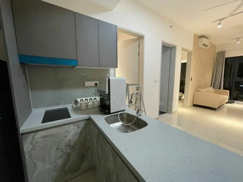 Kitchen features: grey cabinetry, blue accent panel on cabinets, marble countertop, single-bowl stainless-steel sink, chrome pull-down faucet, built-in stove, kitchen appliances visible, open layout to living area, recessed downlights, white tiled flooring; style: modern. Living features: sofa, recessed downlights, curtains, open layout to kitchen, white walls, air conditioning unit; style: modern.