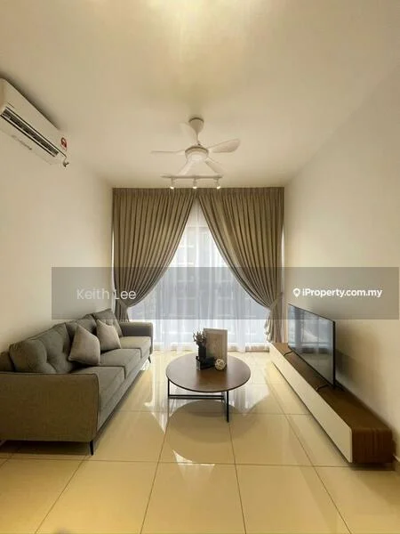 Living features: 3-seater fabric sofa in grey, round coffee table, wall-mounted TV, TV console in wood finish, floor-to-ceiling windows, sheer curtains, dropped ceiling, ceiling fan with light, glossy tile flooring, decorative vase on table, wall-mounted air conditioning unit; style: modern.