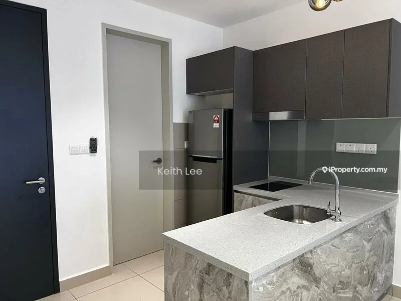 Kitchen features: grey cabinetry, stainless-steel fridge, single-bowl stainless-steel sink, chrome pull-down faucet, grey quartz countertop, tile backsplash, built-in oven, recessed downlights, cream tiled flooring, wall-mounted cabinet, open shelving; style: modern.