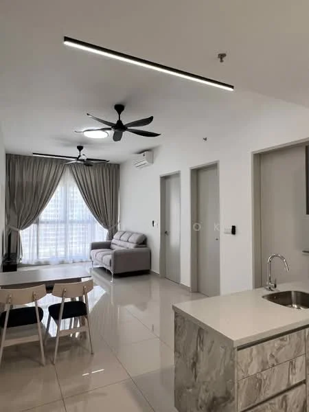 Living features: 3-seater fabric sofa in light grey, ceiling fan with light, recessed LED downlights, floor-to-ceiling windows with sheer curtains, white painted walls, glossy tile flooring, decorative wall paneling, open layout to kitchen, area rug, coffee table, TV console; style: modern; view: city. Kitchen features: marble countertop, single-bowl stainless-steel sink, chrome pull-down faucet, built-in cabinetry, open shelving, stainless-steel appliances; style: modern. Room features: 2 doors leading to other rooms.