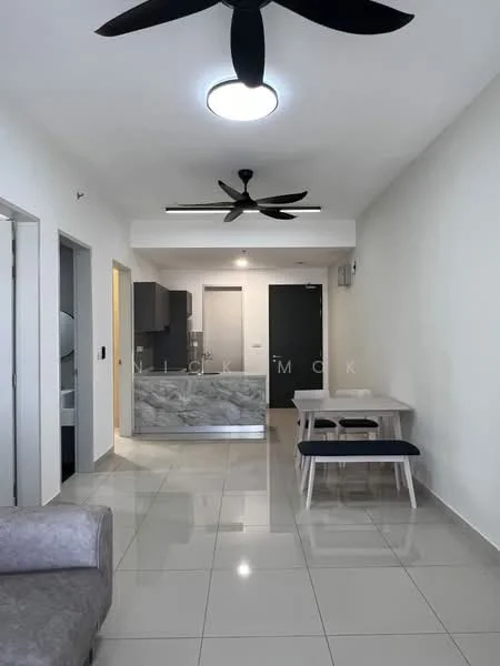 Living features: grey fabric sofa, 2-blade ceiling fan, recessed LED downlights, white painted walls, glossy ceramic tile flooring, dining table for 4, black dining chairs, open kitchen layout with island, kitchen cabinetry, countertop with grey veining; style: modern.