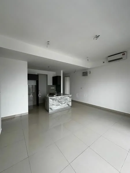 Living features: white painted walls, polished ceramic tile flooring, recessed downlights, 1 wall-mounted split AC, kitchen island with marble countertop, open layout, large windows, neutral color scheme; style: modern.