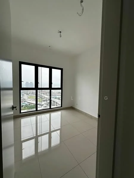 Room features: white painted walls, glossy tile flooring, floor-to-ceiling windows, city view, two light fixtures on ceiling, neutral color scheme, no visible furniture, large window opening; style: modern; view: city.